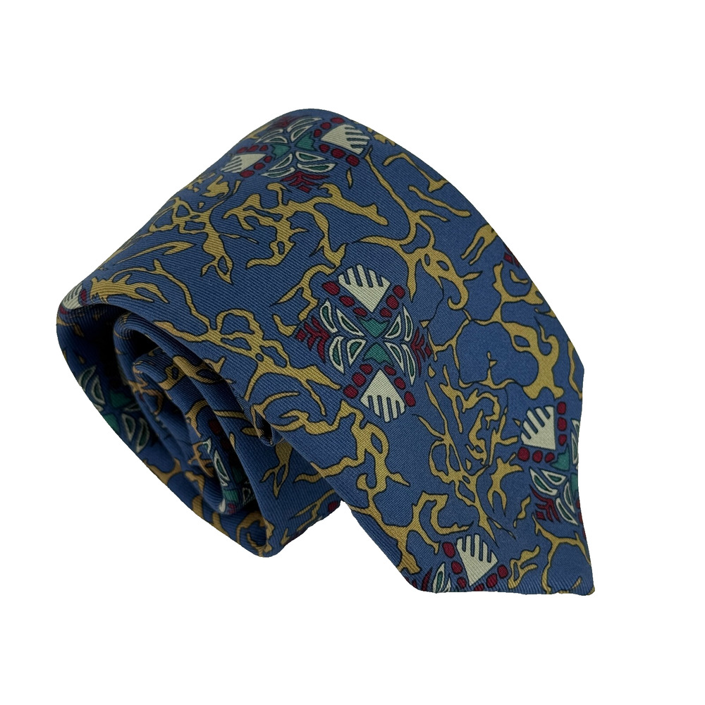 Julio Silk Tie Italy Blue Yellow Abstract Print 90s Wide Neckwear Handmade